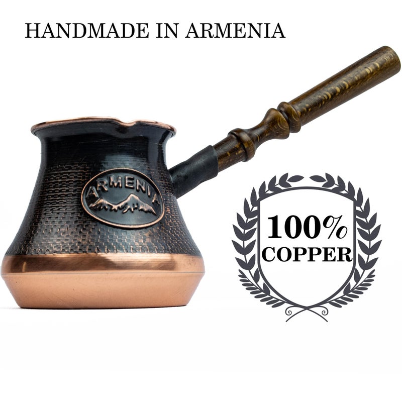 HandCraftoria Handmade Armenian Coffee Pot Maker 2 Small cup Copper Jazva Ararat Turkish Arabic Greek Cezve Jezve Ibrik Turka Jazve Wooden Handle (7 Fl Oz) - Image 2